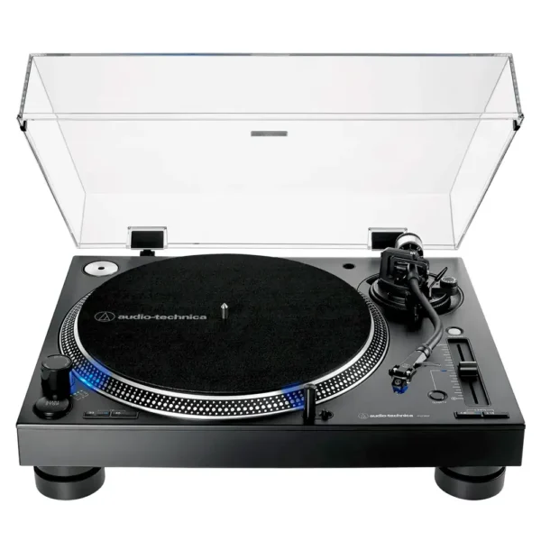 Vista frontal del tocadiscos Audio-Technica at-lp140xp-sv-5 en color negro con la tapa protectora subida.
