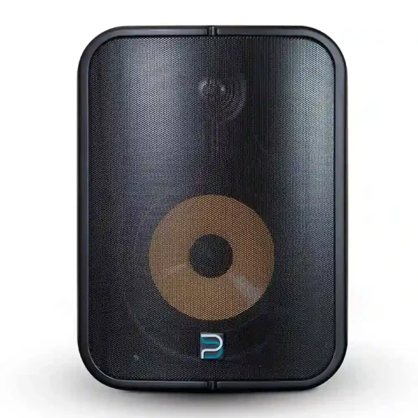 Vista frontal del altavoz Bluesound BSP1000 de color negro con rejilla protectora.