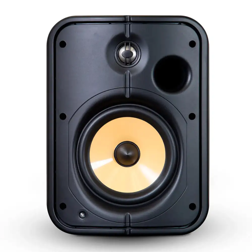 Vista frontal del altavoz Bluesound BSP1000 de color negro sin rejilla protectora.