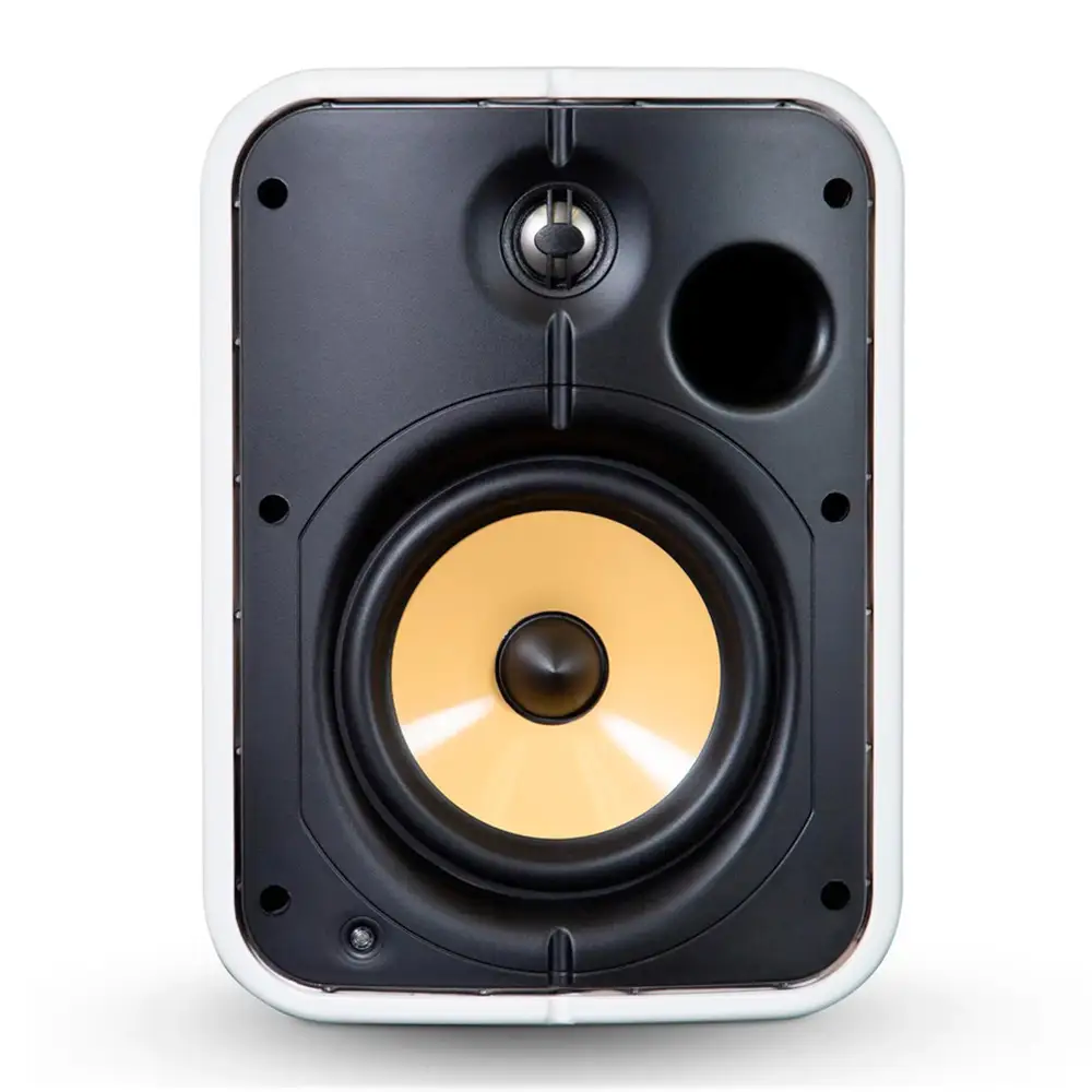 Vista frontal del altavoz Bluesound BSP1000 de color blanco sin rejilla protectora.
