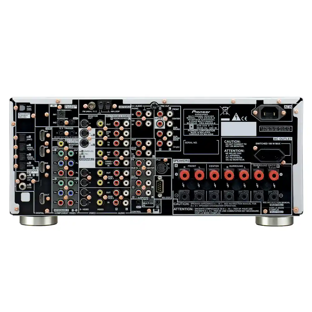 Vista trasera del Receptor HiFi de la marca Pioneer vsx-ax4asi con las conexiones disponibles.